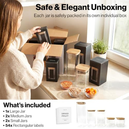 EDELHAUS Glass Storage Containers with Bamboo Lids and Labels - Set of 5 | Extra Thick Square Glass Canisters with Bamboo Wood Lids and 54 Pre-printed Pantry Labels keeps dry Goods Fresh and Organized - color: White Labels - Bamboo Lids - 5 Pack