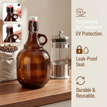 3 Pack 34OZ Amber Glass Bottle, Swing Top Home Brewing Beer Jar, Glass Gallon Jugs with Airtight Rubber, Reusable Leak-proof Container for Kombucha, Beverage, Oil, Vinegar