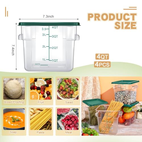 Maxcheck 4 Pcs 4qt Food Storage Container with Lids Bulk Clear Plastic Commercial Food Storage Bins with Scale Handle Space Saving Restaurant Tubs for Kitchen Prep Proof Dough(Green) - color: Green