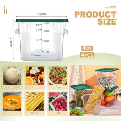 Maxcheck 4 Pcs 4qt Food Storage Container with Lids Bulk Clear Plastic Commercial Food Storage Bins with Scale Handle Space Saving Restaurant Tubs for Kitchen Prep Proof Dough(Green) - color: Green