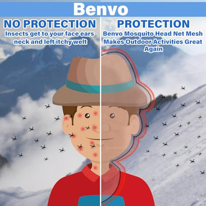 Benvo Mosquito Head Net Mesh One Piece Face Neck Fly Netting Cover from Bugs Gnats Noseeums Hat-Compatible Insect Shield for Fishing, Camping, Gardening (2pcs, Black, Upgraded Big Net) - color: Black