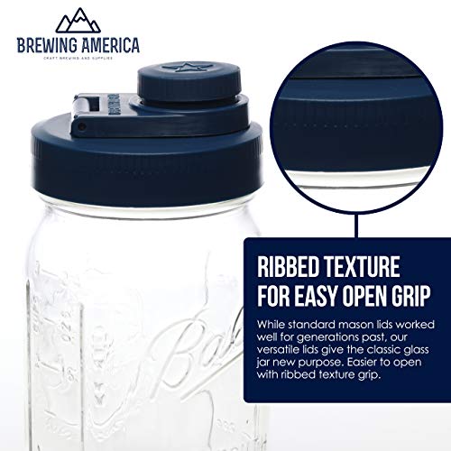 Brewing America Glass Mason Jar Pitcher with Lid - Azure Jar, 1 Quart (32 oz) with Blue Wide Mouth Pour Lid, for Drinking or Pouring - color: Old Glory Blue