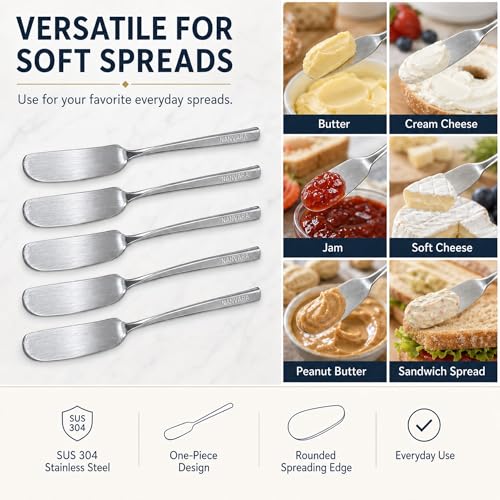 Butter Spreader Knives Set of 5, 304 Stainless Steel Butter Knife Set, Dishwasher Safe Cheese Spreaders for Charcuterie, Jam and Cream Cheese