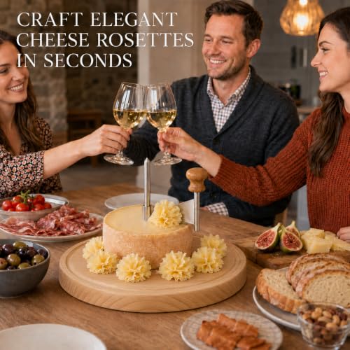 Cheese Curler Wheel – Manual Rotating Cheese Curler with Sharp Stainless Steel Blade & Non-Slip Wood Base, Makes Rosette Curls for Tete de Moine, Chocolate, Butter, Home, Parties, Charcuterie & Gifts