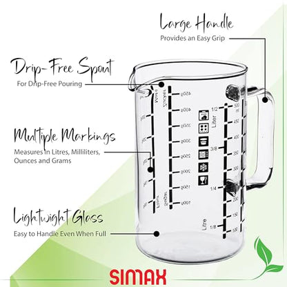 Simax Glass Measuring Cup: 16 Oz Measuring Cups Glass - Liter, Oz and Ml Measuring Cup for Liquid - Borosilicate Glass Metric Measuring Cups in Gram - Measure Flour and Sugar Grams - Easy Pour Spout - size: 16 Ounce