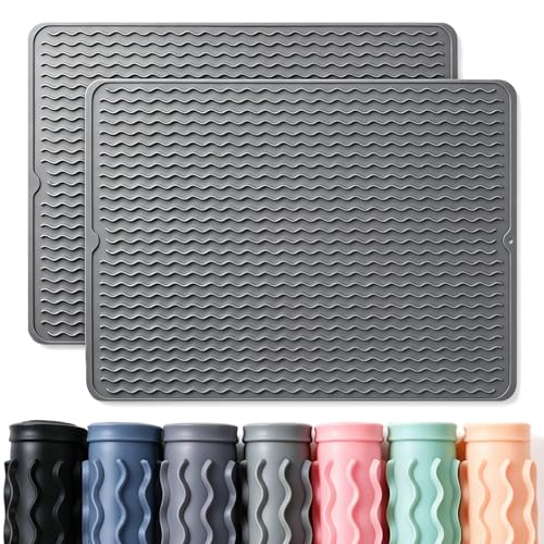 2 Pack Caketime Silicone Dish Drying Mat for Kitchen Counter Coffee Bar Accessories Heat Resistant Waterproof Dining Under Sink Organizers Dog food mat Must Haves Extra Large 24"x18" Gray - color: Gray, size: 24"*18"