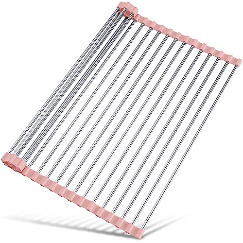 Tomorotec 17.7" x 15.5" Roll Up Dish Drying Rack Over Sink Drying Rack Sink Cover Kitchen Sink Accessories Gadget Multipurpose Organizer Foldable Stainless Steel Drainer - color: Pink, size: 17.7 x 15.5 in