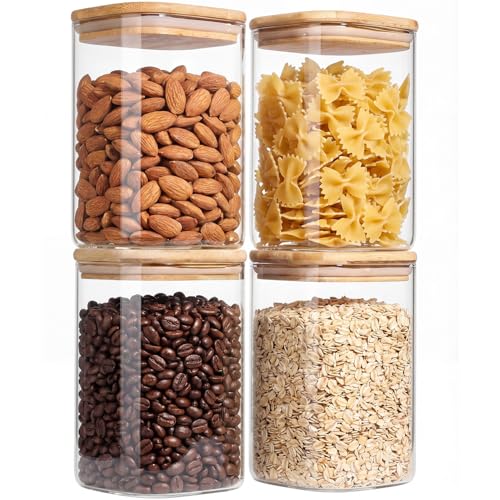 4-Pack 1.2Qt Square Glass Storage Jars with Bamboo Lids | Minimalist Kitchen Organizer,Pantry Storage Container,Food Storage Container,Scandinavian Style Storage,Nordic Style Storage - size: 1.2Qt*4