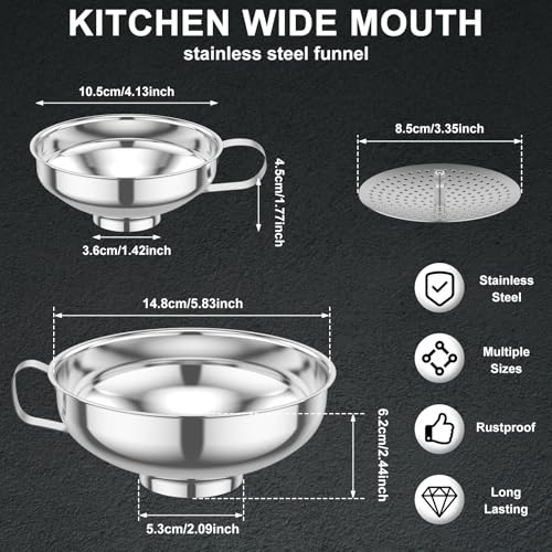 6 Piece Stainless Steel Canning Funnel Set with Strainers, Wide Mouth Mason Jar Funnels Family Pack, Metal Funnels for Filling Bottles, Canning Supplies for Preserving - color: Silver 6pcs