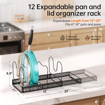 MUDEELA Pot and Pan Organizer Rack for under Cabinet, Expandable 11.81''-22.85'' Pot Lid Kitchen Cabinet Organizer Holder with 12 Adjustable Compartment Cutting Board Organizer for Pan Lid, Bakeware - style: 12 Dividers-Black
