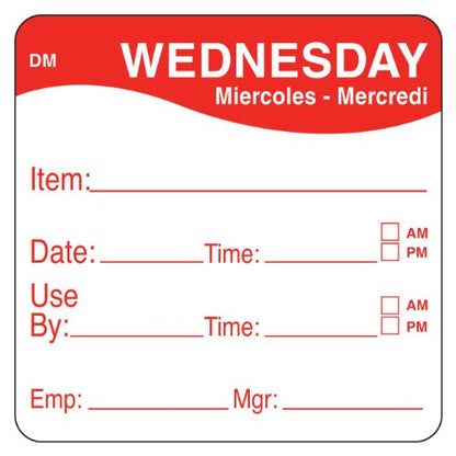 DayMark Safety Systems - IT110053-3-WED IT1100533 DayMark DissolveMark Day of the Week 2" x 2" Dissolvable Label, Item/Date/Use, Red (Pack of 250) - style: Wednesday
