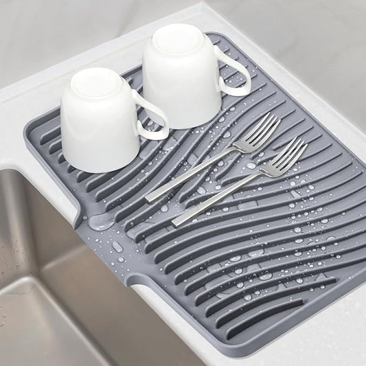 TIKNIK Silicone Dish Drying Mat for Kitchen Counter - Heat Resistant & Non-Slip Dish Drain Pad with Built-In Drain, Dishwasher Safe, Quick-Dry, Hangable & Roll-Up for Storage, Grey-1pcs, 16" x 12" - size: 16" x 12"