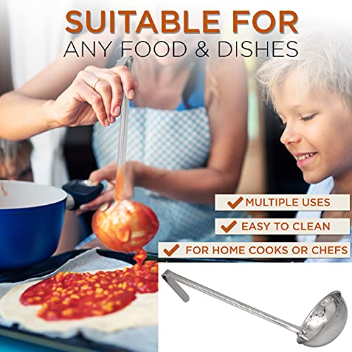 Fit Meal Prep Stainless Steel Soup Ladle - One-Piece Sauce Spatula with Hook Handles, Commercial Grade Serving Spoon, Kitchen Tool for Restaurant or Home Cooking, 14.75” Long - [Pack of 2] 12 Oz - size: 12 oz