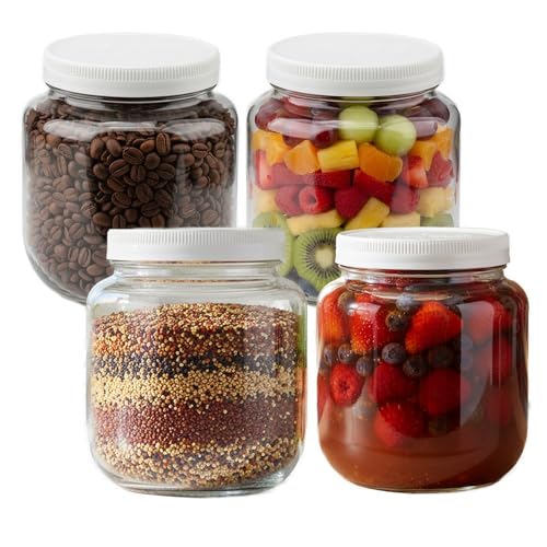 Half Gallon Glass Jars with Lids, 4 Pcs 64 oz Extra Wide Mouth Glass Storage Jars, Plastic Lids with Silicone Rings, for Pantry Organization, Fermentation, Pickling, Dry Food, Flour, Rice