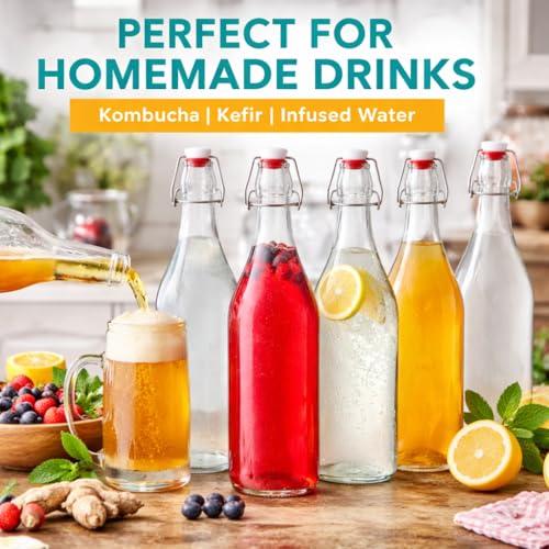 Swing Top Glass Bottles [1 Liter / 33 fl. oz.] [Pack of 6] – Flip Top Coquito Bottles for Kombucha, Fermentation, Beer, Kefir, Wine – Airtight Stopper Lids with Extra Gaskets, Funnel, Labels & More - size: 6