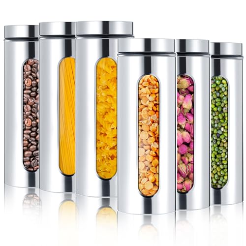 Mimorou 6 Pack Kitchen Canisters Set Airtight Coffee Sugar Tea Candy Storage Jars with Window Glass Stainless Steel Containers with Lids for Flour Cookies Spices Grains Kitchen Decorations (60 oz) - color: Silver, size: 60 oz