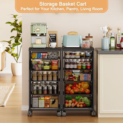 Kitchen Storage Cart with Drawer, 5-Tier Fruit Vegetable Storage Cart, Kitchen Organizer and Storage Cart with Wheels, Wooden Top Metal Wire Pantry Storage Cart rack for Fruit Snack Onion Potato - size: 5-Tier Black