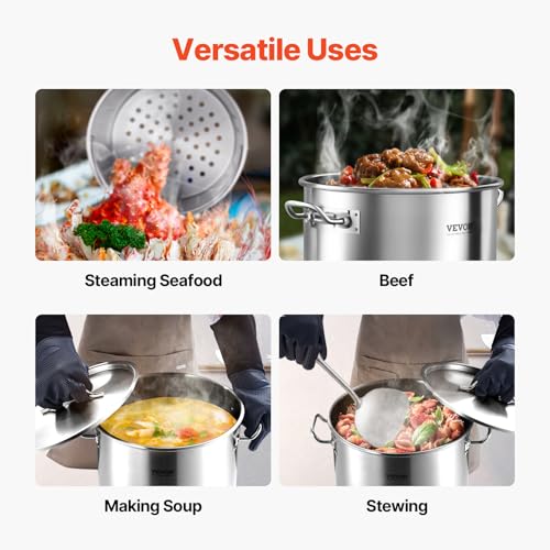 VEVOR Stainless Steel Stockpot, 36 Quart Cooking Pots, Cookware Sauce Pot with Basket, Lid, and Handle, Heavy Duty Commercial Grade Stock Pot, Sanding Treatment, for Steaming Boiling or Frying Silver - size: 35.9 Quarts