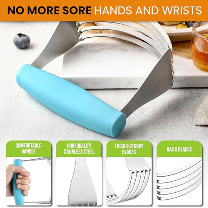 Spring Chef XL Dough Blender Tool For Baking, Heavy Duty Pastry Blender, Stainless Steel Pastry Cutter with Durable Blades, Dough Mixer, Butter Cutter for Easy Mixing, Dishwasher Safe - Aqua Sky | Heavy Duty Dough Mixer with Stainless Steel Blades, Butter