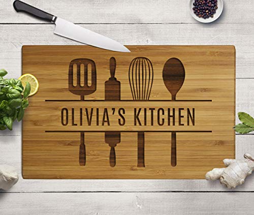 Andaz Press Personalized Large Bamboo Wood Cutting Board Gift, 17.75 x 11-inch, Olivia's Kitchen, Utensils Graphic, 1-Pack, Custom Laser Engraved Serving Chopping Board - color: Custom Name