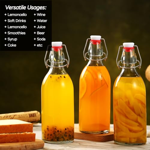 4 Pack Swing Top Glass Bottles 32 oz,Flip Top Glass Bottles 32 oz with Airtight Lids for Home Brewing,Kombucha,Kefir,Vanilla Extract,Beer,Oil,Vinegar,Homemade Juices,Soda,Beverages,2nd Fermentation