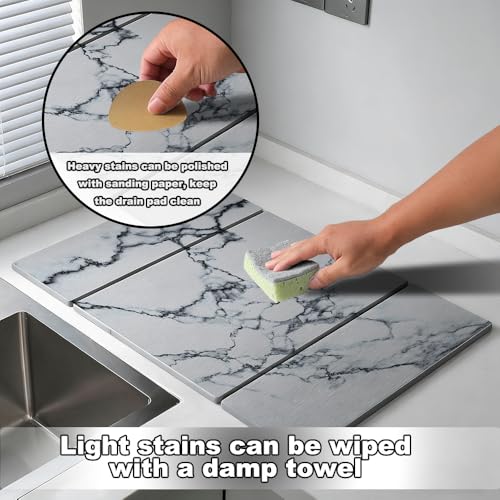 Large Stone Dish Drying Mat for Kitchen Counter,Collapsable Stone Dish Drying Mat with Diatomaceous Earth for Quick Drying-Ultra Absorbent-Eco-Friendly,Foldable -23.6"×15.7" Light Gray Marble Pattern - color: L22-Light Gray