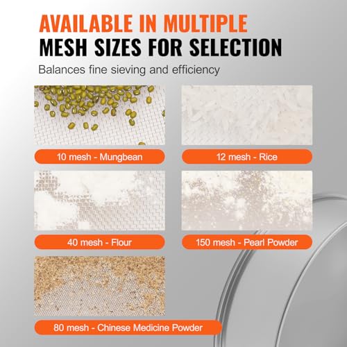 VEVOR Flour Sieve, 12 Mesh Sifter, 304 Stainless Steel Food-grade Fine Mesh Strainer, Dia. 12.6" for Baking, 5 Sizes Mesh Hole for Mungbean, Rice, Pearl Powder - style: 12 Mesh