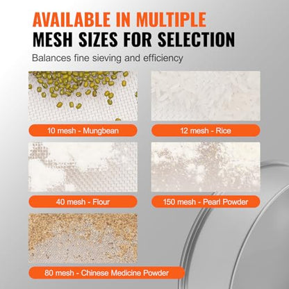 VEVOR Flour Sieve, 10 Mesh Sifter, 304 Stainless Steel Food-grade Fine Mesh Strainer, Dia. 12.6" for Baking, 5 Sizes Mesh Hole for Mungbean, Rice, Pearl Powder - style: 10 Mesh