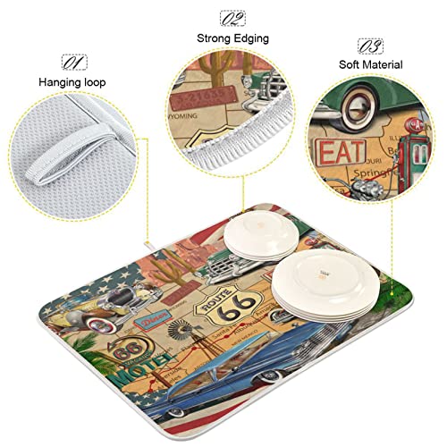 senya Super Absorbent Dish Drying Mat, Microfiber Fast-Drying Dish Mat, 24'' x 18'', Kitchen Dish Drying Pad, Retro Route 66 Poster, (g289343280p523c558s1114) - color: Retro Route 66 Poster, size: 18" x 24"