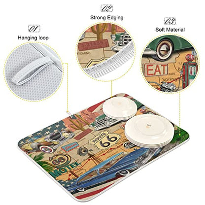 senya Super Absorbent Dish Drying Mat, Microfiber Fast-Drying Dish Mat, 24'' x 18'', Kitchen Dish Drying Pad, Retro Route 66 Poster, (g289343280p523c558s1114) - color: Retro Route 66 Poster, size: 18" x 24"