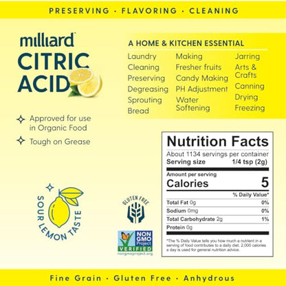 Milliard Citric Acid 5 Pound - 100% Pure Food Grade Non-GMO Project Verified (5 Pound) - size: 5 Pound
