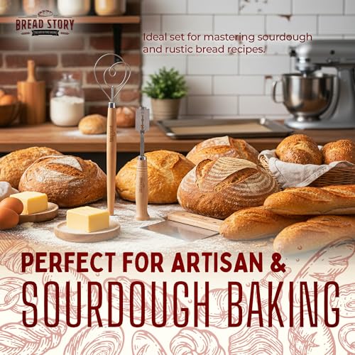 Danish Dough Whisk Set – Wooden Scraper & Lame Scoring Tool | Sourdough Whisk & Mixing Tool Kit | Bread Utensils for Homemade Bread, Pizza, Pastry | Stainless Steel & Wood