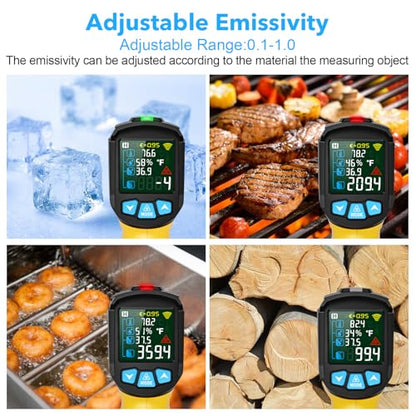 Infrared Thermometer Gun, TEMIRUP Non Contact Digital IR Laser Thermometer Temperature Gun with Probe for Cooking, Pizza Oven, Griddle, Humidity Measurement, Adjustable Emissivity -58°F to 1472°F - color: Yellow -58°F~1472°F (-50°C to~800°C)