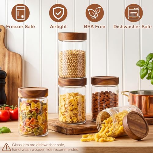 CONNOO 28oz Glass Storage Jars with Wood Lids (6-Pack) – Includes 120 Pre-Printed Waterproof White Kitchen Labels – Airtight Pantry Containers for Rolled Oats, Pasta & Cereals - size: cylindrical/28oz/6pcs