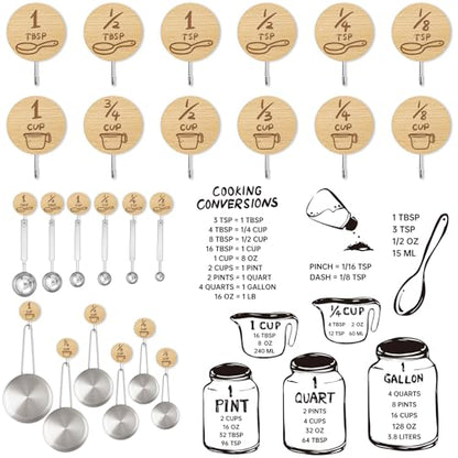Measuring Cup and Spoon Organizer, 12 Pack Adhesive Wood Hooks for Hanging with 6 Kitchen Conversion Chart Stickers, Kitchen Hooks for Space Saving Storage - style: 12 Pcs Wood Hooks with Stickers