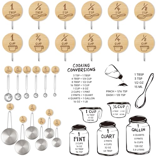 Measuring Cup and Spoon Organizer, 12 Pack Adhesive Wood Hooks for Hanging with 6 Kitchen Conversion Chart Stickers, Kitchen Hooks for Space Saving Storage - style: 12 Pcs Wood Hooks with Stickers