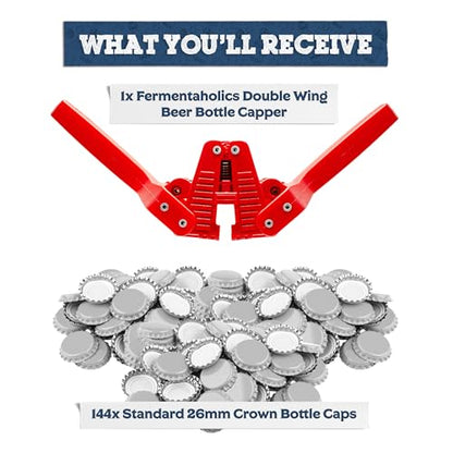 Fermentaholics Beer Bottle Capper & Lid Set – Double Wing Manual Capping Tool with 144 Crown Caps – Fits Standard 12 oz & Homebrew Beer Bottles (Capper & Lid Set -144 Silver Crown Caps) - size: Capper & Lid Set -144 Silver Crown Caps