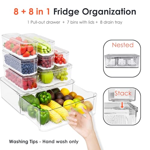 SMRCAD 8 Pack Clear Fridge Organizer Bins with Drain Trays - Stackable | BPA-Free PET, 8 Pack: 1 Drawer + 7 lidded Bins, Helps Keep Produce Fresh, 18.3L Capacity, Hand Wash Only - size: 8 Bins (Include Pull Out Drawer)