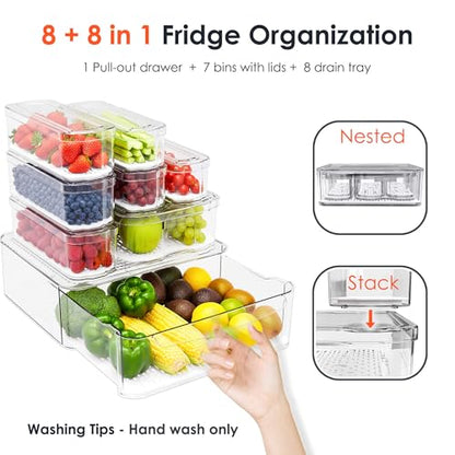 SMRCAD 8 Pack Clear Fridge Organizer Bins with Drain Trays - Stackable | BPA-Free PET, 8 Pack: 1 Drawer + 7 lidded Bins, Helps Keep Produce Fresh, 18.3L Capacity, Hand Wash Only - size: 8 Bins (Include Pull Out Drawer)