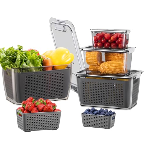 LUXEAR 4 Pack Fruit Containers for Fridge, Vegetable Storage Container with Lids &Removable Colander Produce Saver Organizer for Refrigerator Keep Fruit, Veggie, Berry, Meat Fresh Longer-Grey - color: 4 Pack Gray