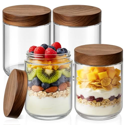 Bumobum 16 oz Overnight Oats Containers with Lids, Glass Mason Jars with Acacia Wood Airtight Lid, Wide Mouth Glass Canisters for Food Storage Chia Pudding Snacks Yogurt Spice Meal Prep, 4-Pack - color: 16oz