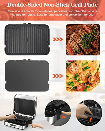 CATTLEMAN Panini Press Grill Sandwich Maker with Removable Plates, 1600W, 5 in 1 Smokeless Indoor Grill & Griddle with Meat Thermometer, Electric Contact Grills for Kitchen, Stainless Steel - color: Silver with Reversible Plates