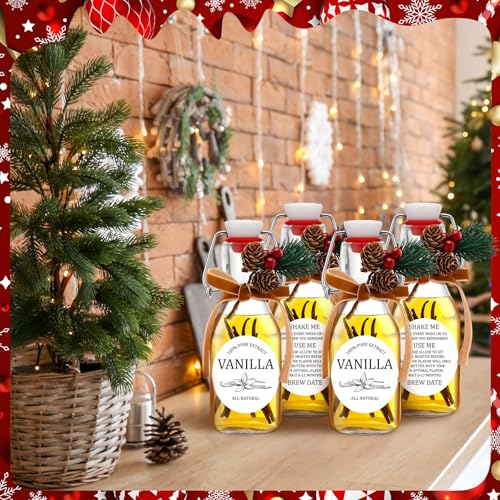 Sieral 9 Sets Vanilla Extract Bottles Clear Swing Top Glass Bottles for Gift Giving Homemade Vanilla Extract Jar Funnel Rope Labels for New Year Brewing Oil Beer Tea DIY Supply(Round Stickers,4 oz) - size: 4 oz, style: Round Stickers