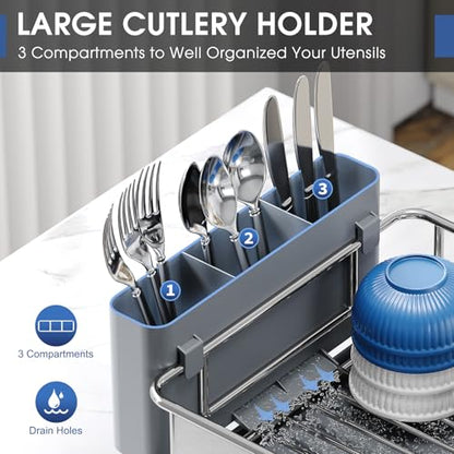 Urackify Stainless Steel Dish Drying Rack - Large Capacity Kitchen Counter Organizer with Drain Board, Utensil Holder & Detachable Cup Shelf, 304 Surgical-Grade Rust-Proof Dish Drainer, Easy Assembly - color: Gray