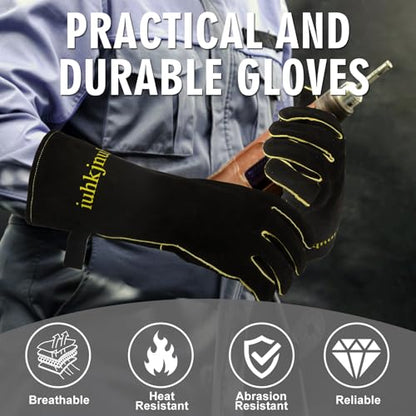 Fireplace Gloves Fire Heat Resistant: Fireproof Leather for Fireplace Fire Pit Wood Stove Campfire Furnace (M) - color: Black, size: Medium