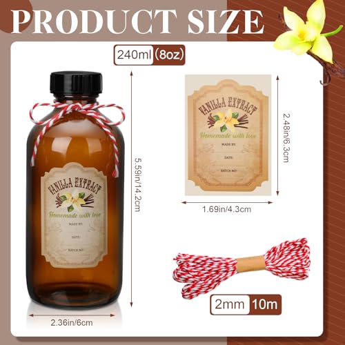 Uiifan 12 Pack Amber Glass Bottle Boston Round Bottles with Caps Refillable Vanilla Extract Jars Gift for Homemade Vanilla Extract Making, Brewing, Kombucha, Oil & Long-term Liquid Storage(8 oz) - size: 8 Ounces