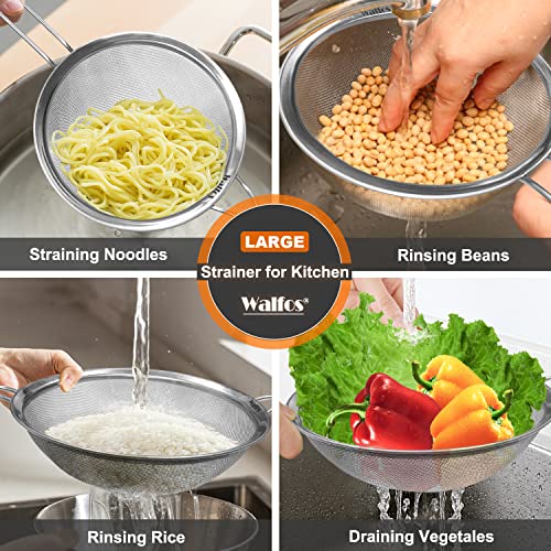 Walfos 9.35 Inch Large Fine Mesh Strainer, Stainless Steel 30 Mesh Sieve with Sturdy Handle, Kitchen Food Strainers Sifters for Rice, Quinoa, Pasta, Fruits, Vegetables, etc. - style: 9.35" Extra Large Strainer