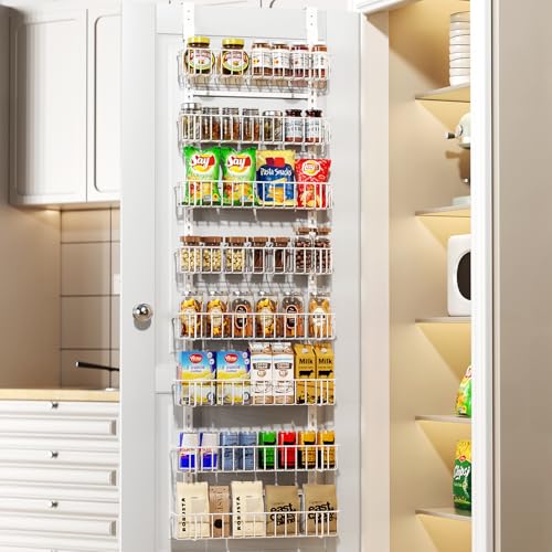 Delamu Adjustable Cabinet Door Organizer, 8-Tier Hanging Spice Rack Organizer, Metal Over the Door Pantry Organizer, Pantry Organizers and Storage Shelves for Kitchen Bathroom Laundry Room, White - color: White, size: 8 Tier-Medium