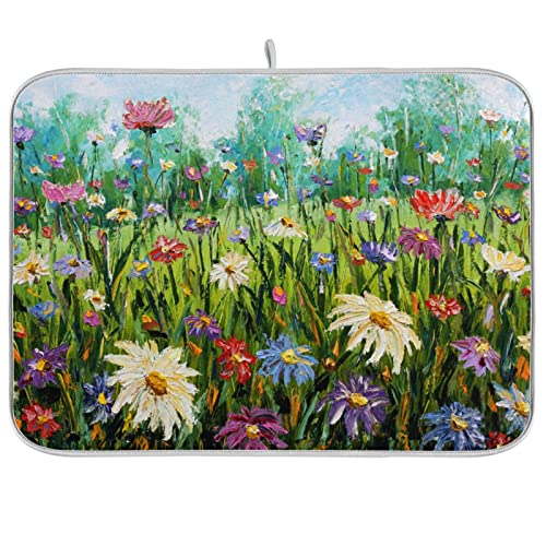 Absorbent Dish Drying Mat for Kitchen Counter - Oil Painting Flowers Microfiber Drying Pad, Reversible Drainer Mats for Countertop, Small 16" x 18" - color: Oil painting flowers 39, size: 16x18(in)x1