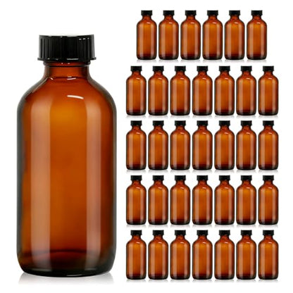 35 Pack 4 oz Amber Glass Boston Round Bottles with Phenolic Polycone Caps – Airtight, Leak-Proof Bottles for Vanilla Extract, Kombucha Brewing, Essential Oils, and Homemade Solutions - size: 4 ounces